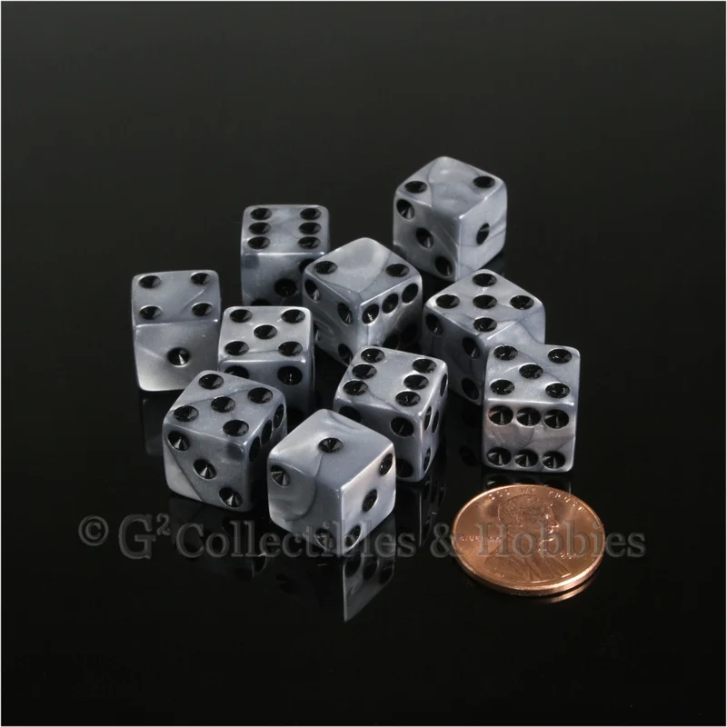 D6 12mm Pearlized Olympic Silver with Black Pips 10pc Dice Set