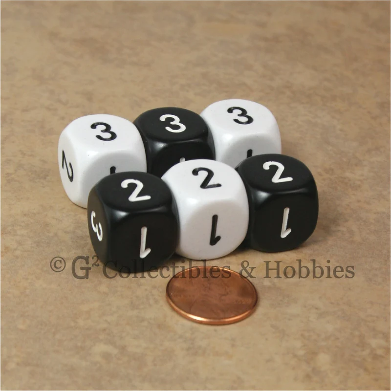 D3 (6 Sided) RPG Dice Set 6pc - Black & White