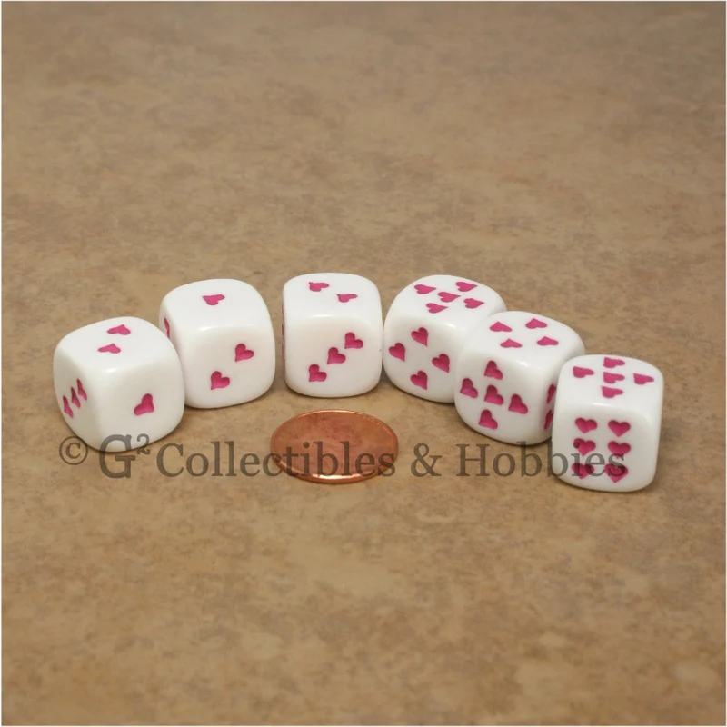 D6 16mm White with Pink Heart Pips 6pc Dice Set