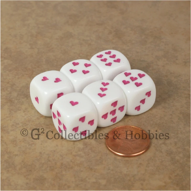 D6 16mm White with Pink Heart Pips 6pc Dice Set