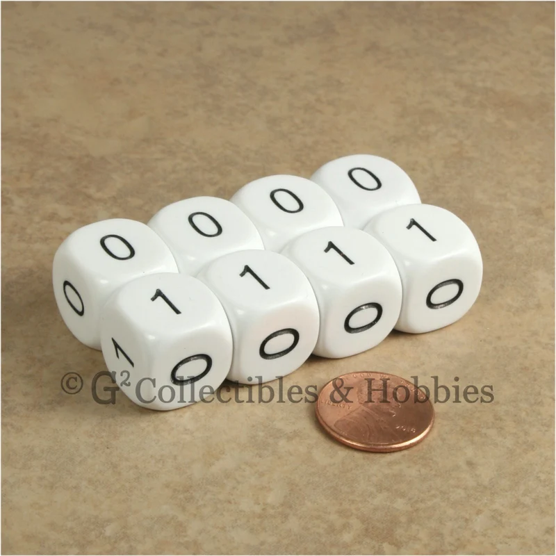 Binary Dice Numbers 0 & 1 D6 Set - 8pc White