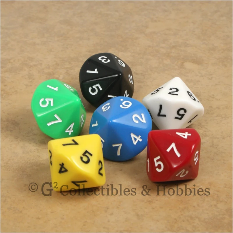 D7 (14 sided) 1 to 7 Twice 20mm Dice Set 6pc - 6 Colors