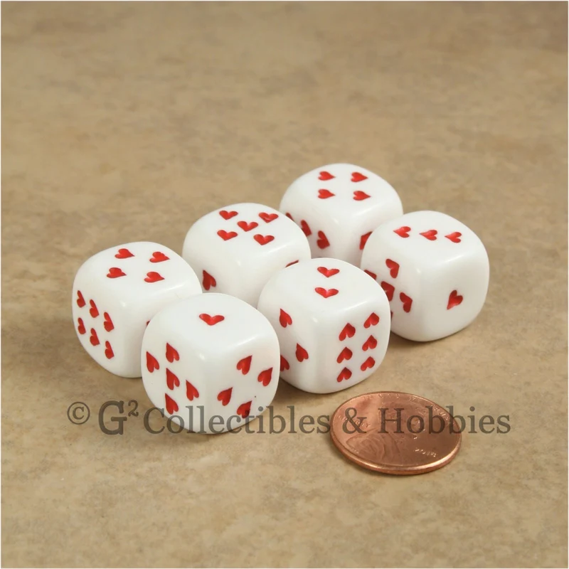 D6 16mm White with Red Heart Pips 6pc Dice Set