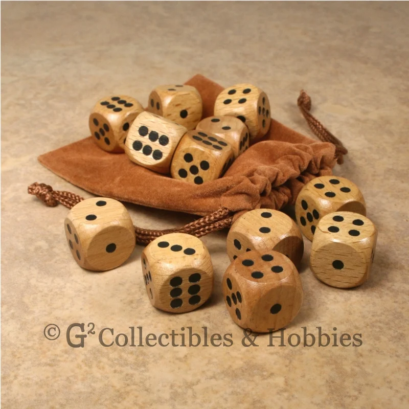 D6 16mm Wood (Light Stained) 12pc Dice & Bag Set
