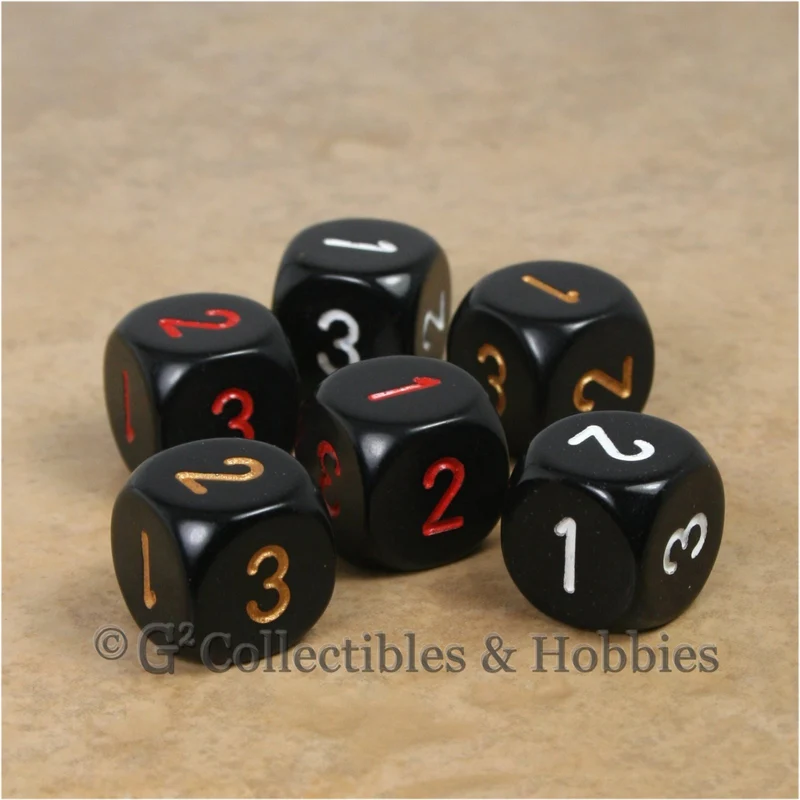 D3 (6 Sided) RPG Dice Set 6pc - Black with Red Gold White Numbers