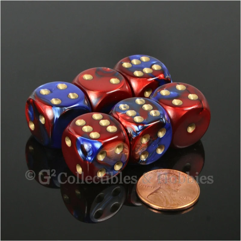 D6 16mm Gemini Blue Red with Gold Pips 6pc Dice Set