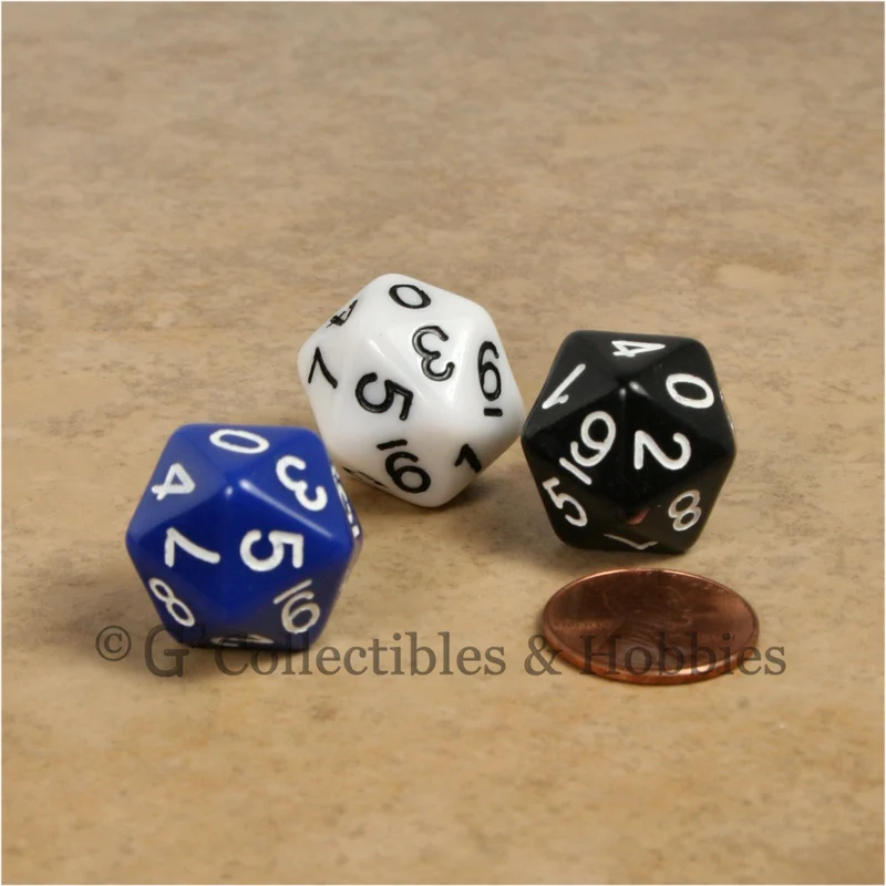 D10 (20 Sided) 0-9 Twice RPG Dice Set 3pc - Blue, Black, White