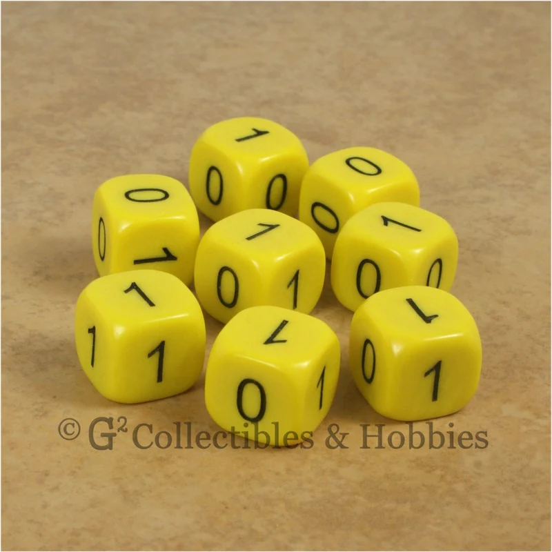 Binary Dice Numbers 0 & 1 D6 Set - 8pc Yellow