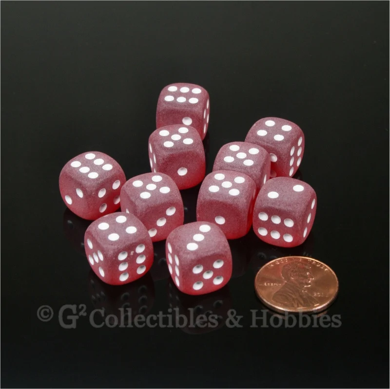 D6 12mm Frosted Red with White Pips 10pc Dice Set