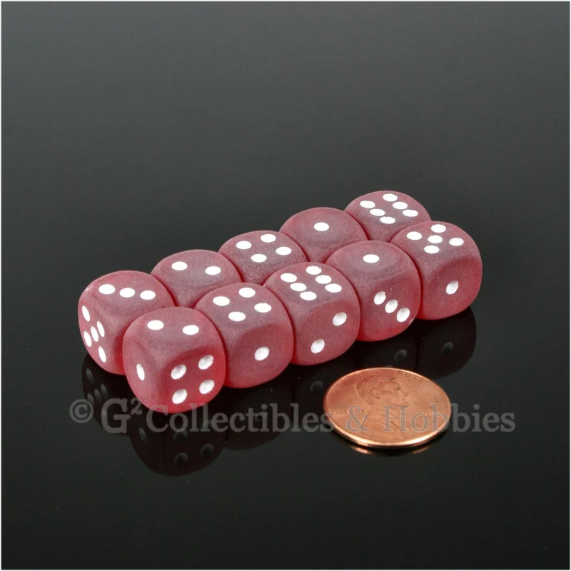 D6 12mm Frosted Red with White Pips 10pc Dice Set