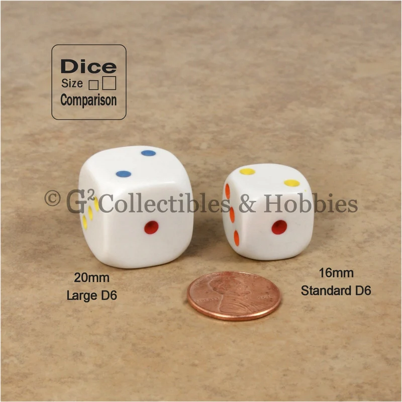 D3 (6 Sided) Large 20mm Spotted Dice Pair - 1 to 3 Twice Multi-Color Pips