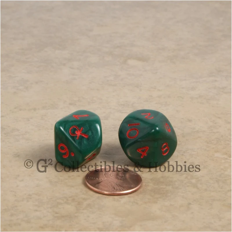 D10 Ankh Pearlized Green with Red Numbers 10pc Dice & Bag Set