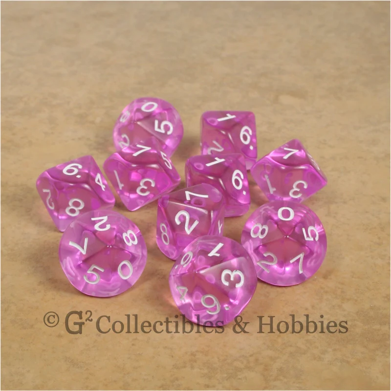 D10 Transparent Orchid with White Numbers 10pc Dice Set