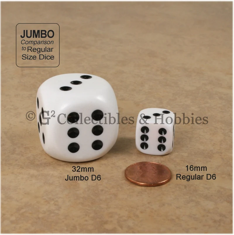 D6 Jumbo 32mm Rounded Edge Dice Pair - Black & White