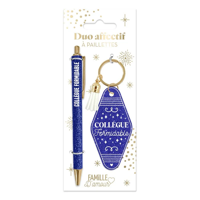 Duo stylo et porte-clés à paillettes "Collègue formidable"