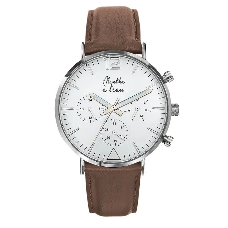 Montre avec bracelet en cuir marron et grand cadran argenté - Homme