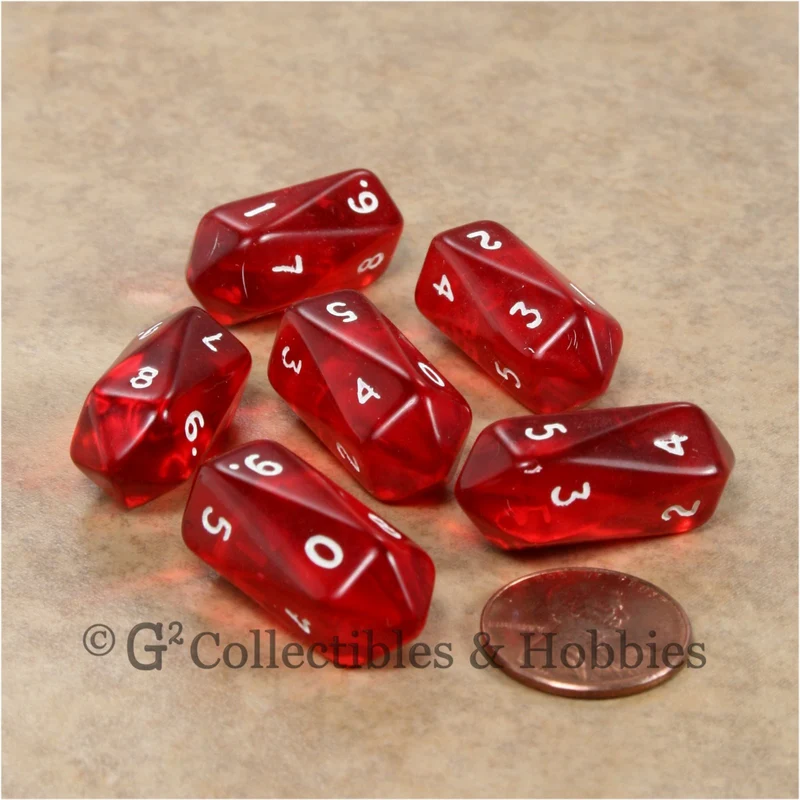 D10 Crystal Transparent Dice 6pc Set - Red