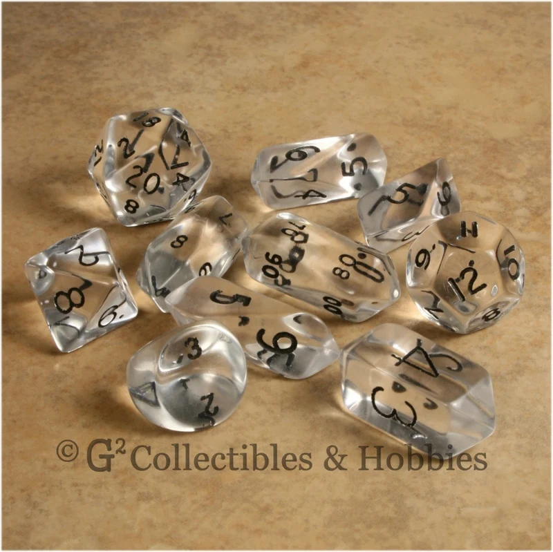 RPG Dice Set Hybrid Transparent Clear with Black Numbers 10pc