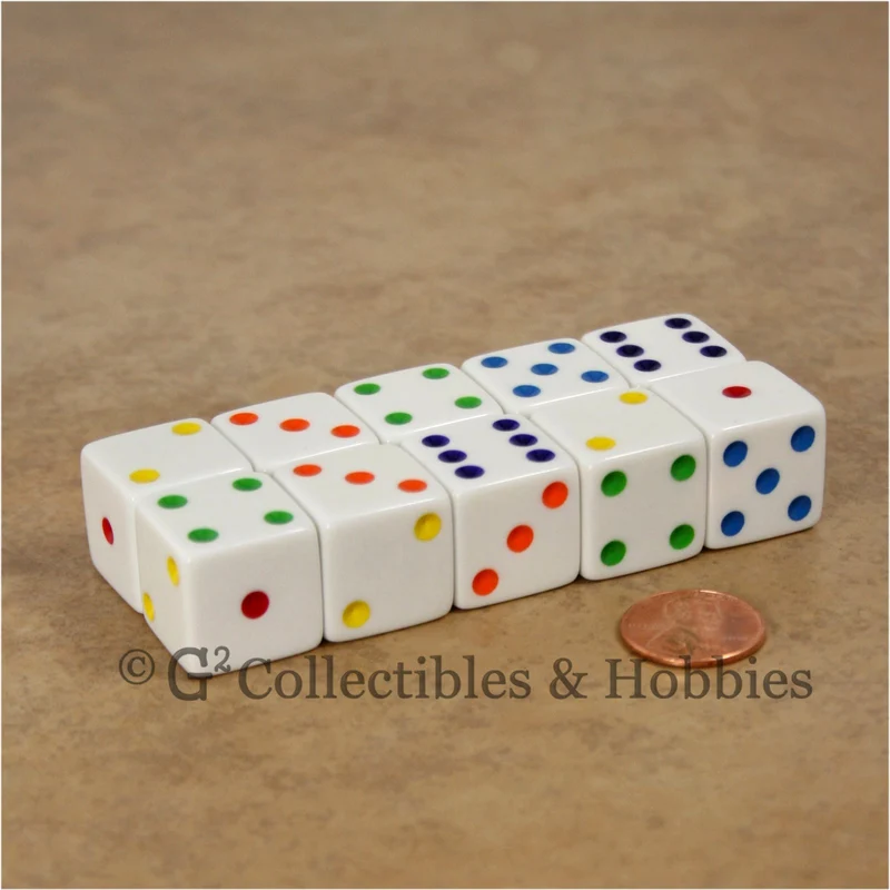 D6 19mm Opaque White with Multi-Color Pips 10pc Dice Set