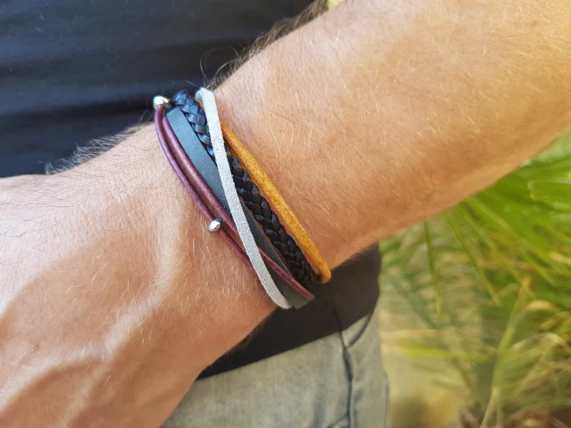 Bracelet homme inox et cuir multi-rangs