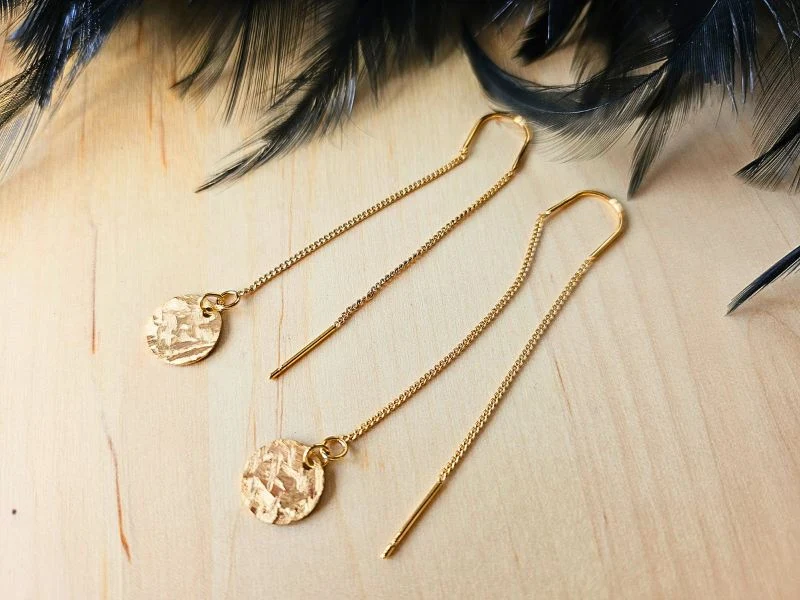 Boucles oreilles longues 2 chaines U et disque texturé