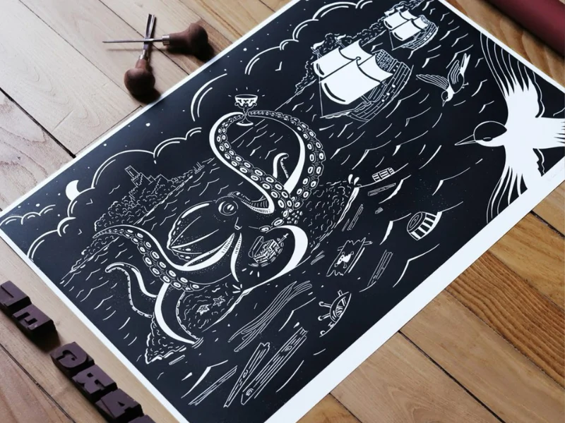 Linogravure « Le Graal » - Tirage artisanal 40×60 cm