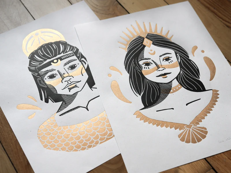 2 Linogravures Duo Gaïa & Atlas - Tirage artisanal A3 30×40 cm
