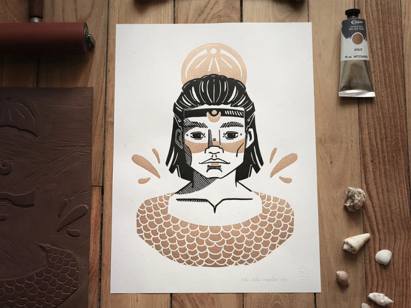 2 Linogravures Duo Gaïa & Atlas - Tirage artisanal A3 30×40 cm
