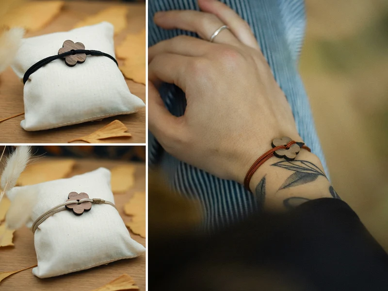 Bracelet corde - Fleur en bois - 3 couleurs