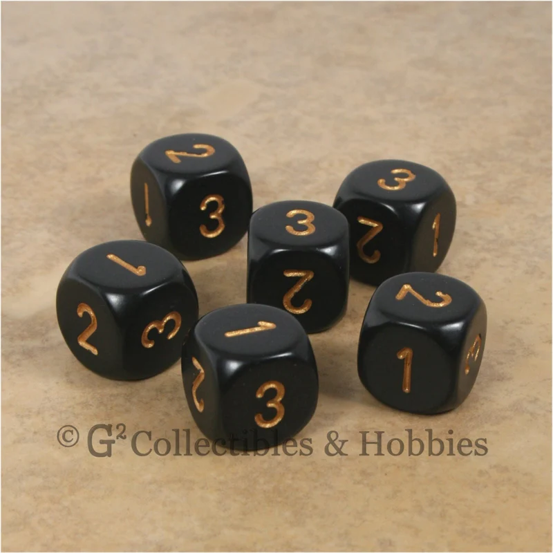 D3 (6 Sided) RPG Dice Set 6pc - Black with Gold Numbers