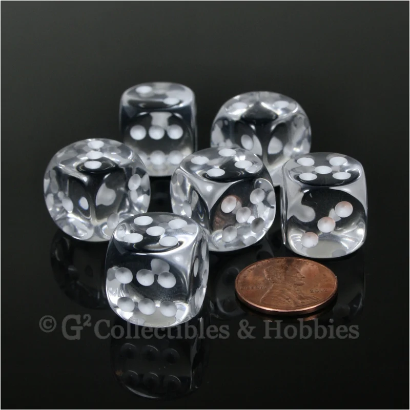 D6 16mm Rounded Edge 6pc Dice Set - Transparent Clear with White Pips