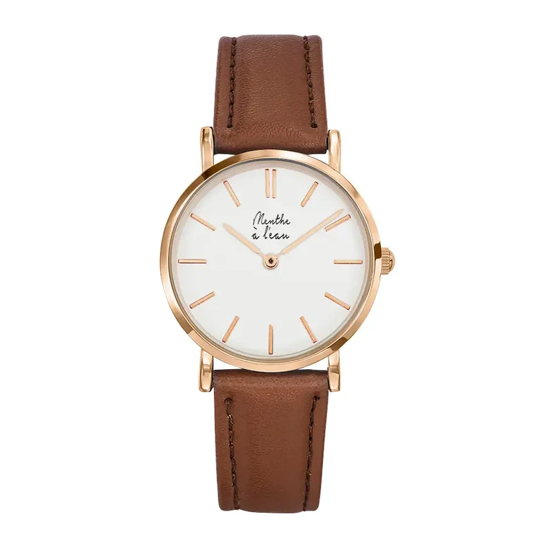 Montre avec bracelet en cuir camel et petit cadran doré - Femme