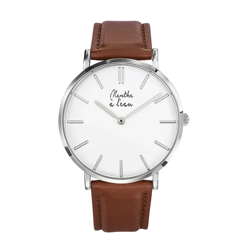 Montre avec bracelet en cuir camel et grand cadran argent - Homme