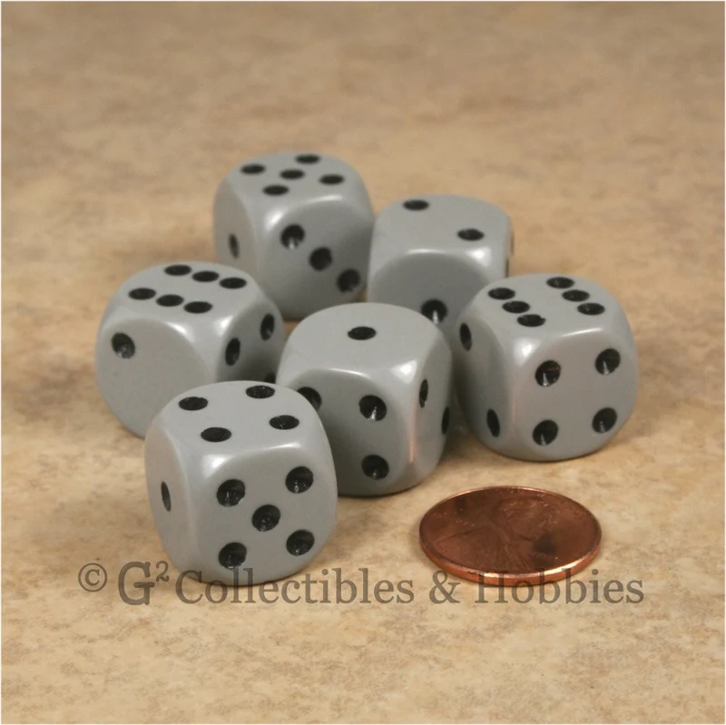 D6 16mm Rounded Edge Gray with Black Pips 6pc Dice Set