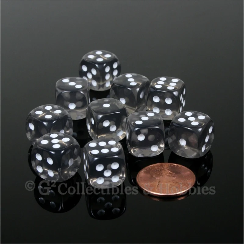 D6 12mm Transparent Smoke Gray with White Pips 10pc Dice Set