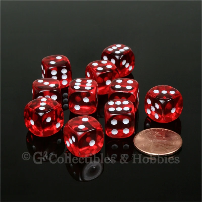 D6 12mm Transparent Red with White Pips 10pc Dice Set