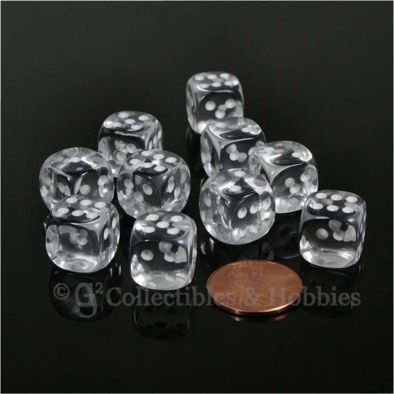 D6 12mm Transparent Clear with White Pips 10pc Dice Set