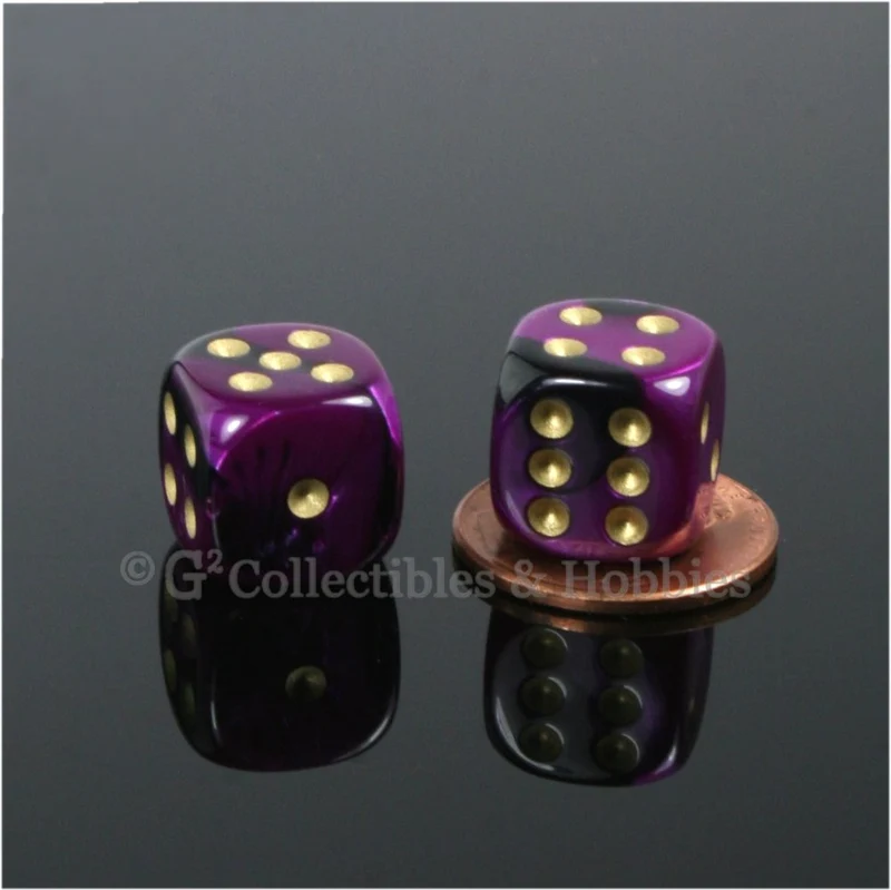 D6 12mm Gemini Black/Purple with Gold Pips 10pc Dice Set