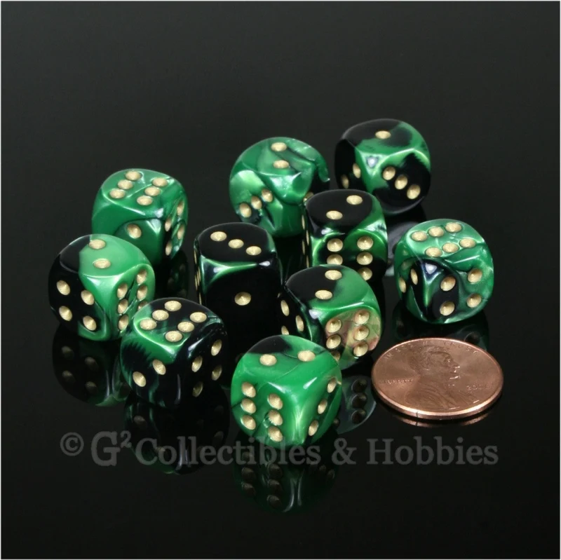 D6 12mm Gemini Black/Green with White Pips 10pc Dice Set