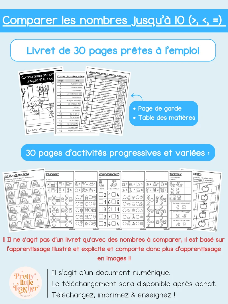 Livret : comparaison de nombres jusqu'à 10 (>, <, =)