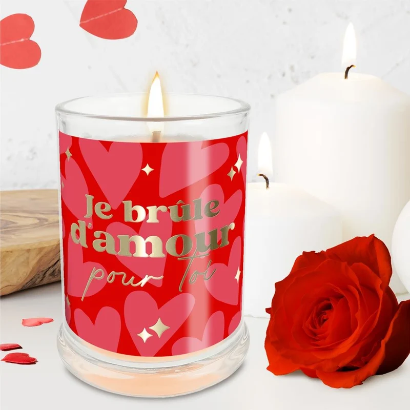Bougie en verre rouge "Je brûle d’amour" au jasmin