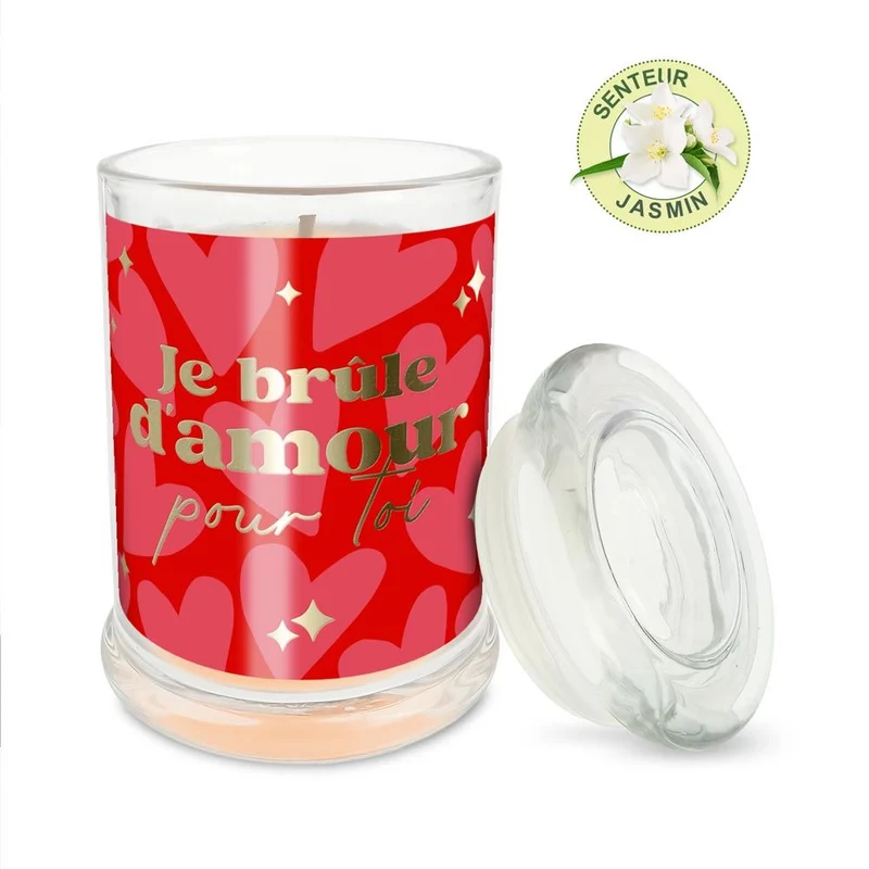 Bougie en verre rouge "Je brûle d’amour" au jasmin