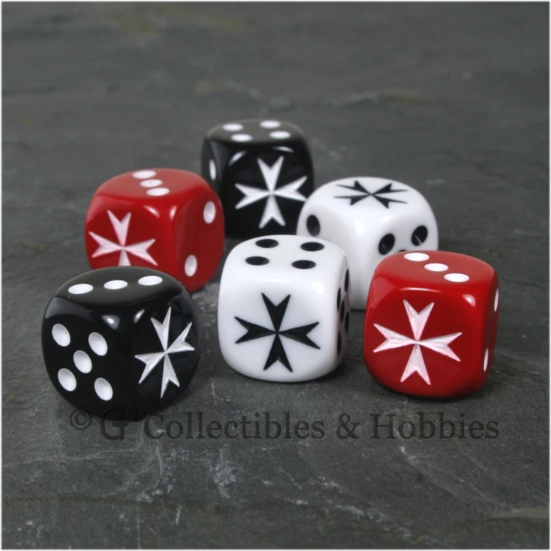 Maltese Cross 6pc Dice Set - Black, White & Red