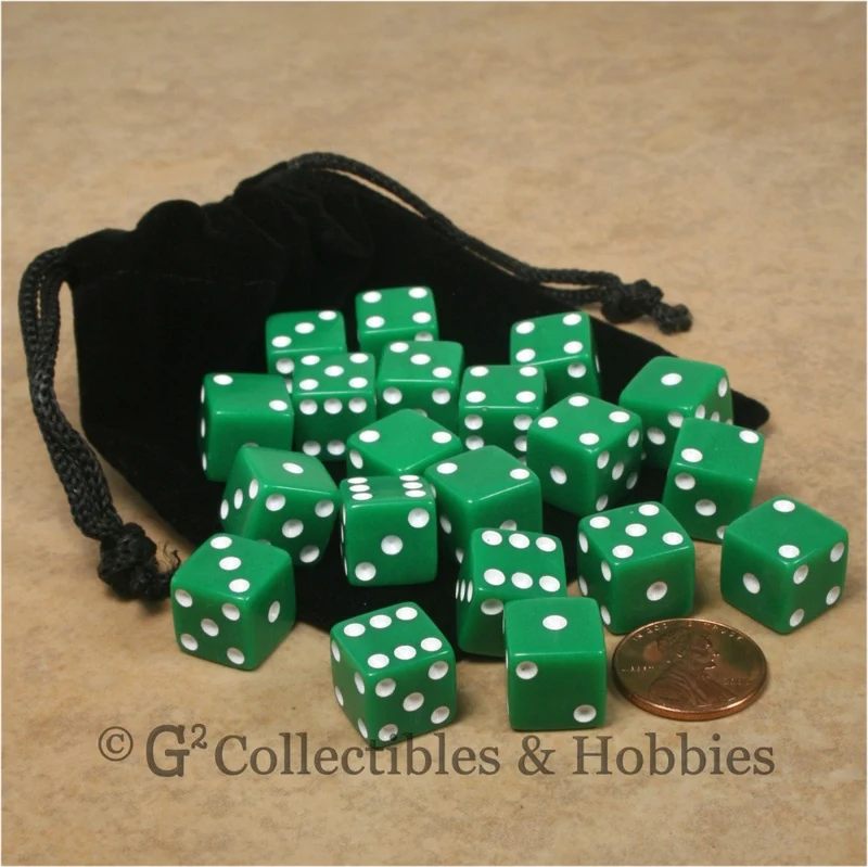 D6 12mm Opaque Green 20pc Dice & Bag Set