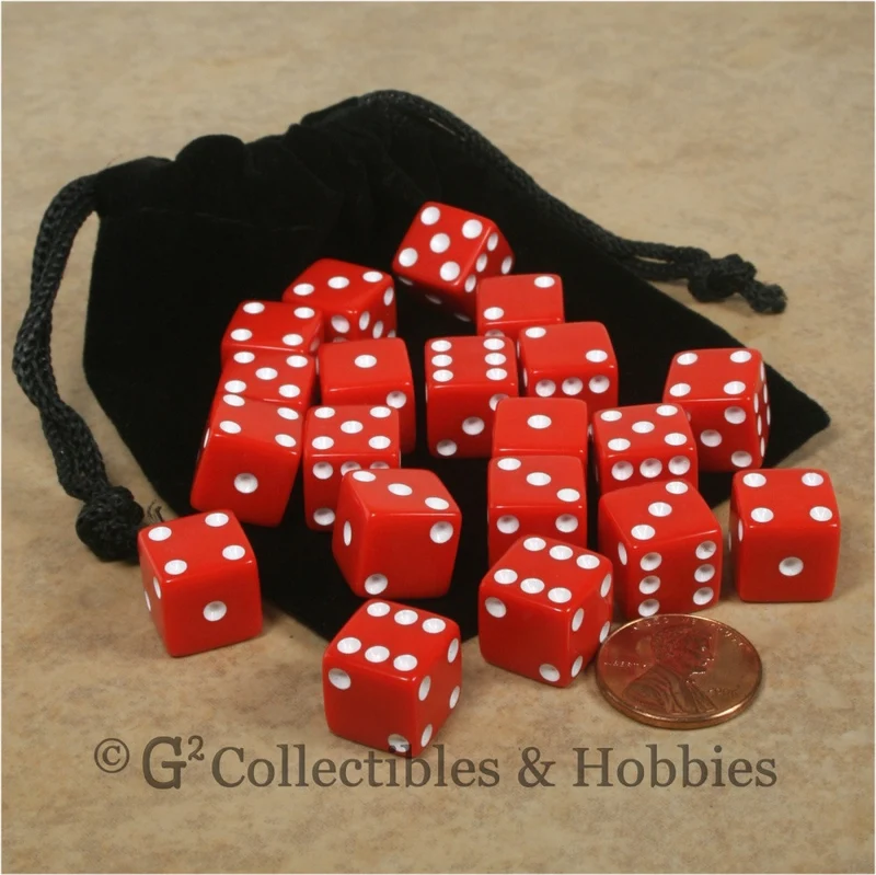 D6 12mm Opaque Red 20pc Dice & Bag Set