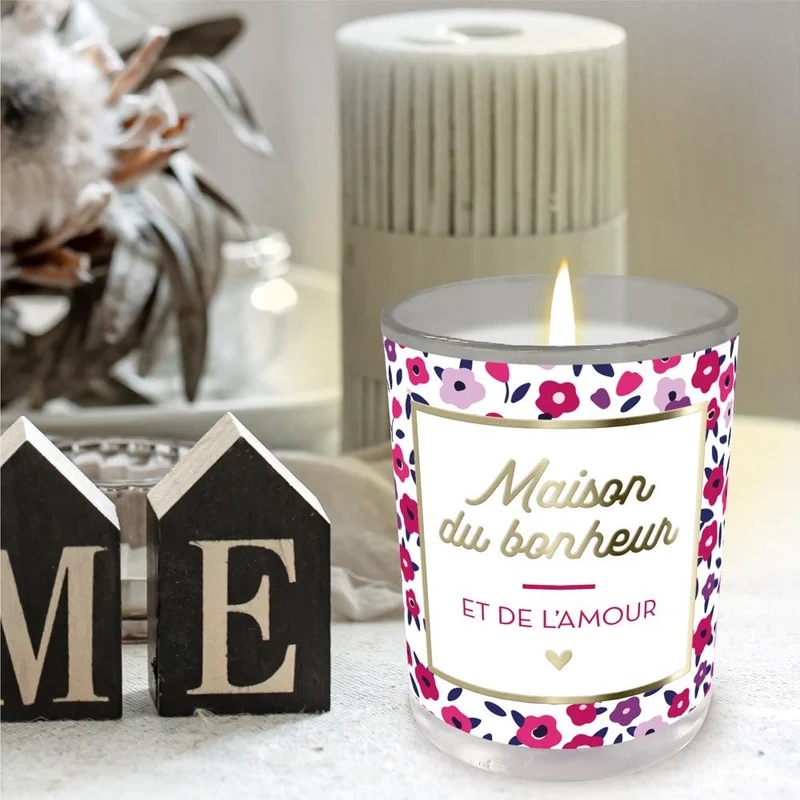 Bougie en verre "Maison du bonheur" – Parfum rose