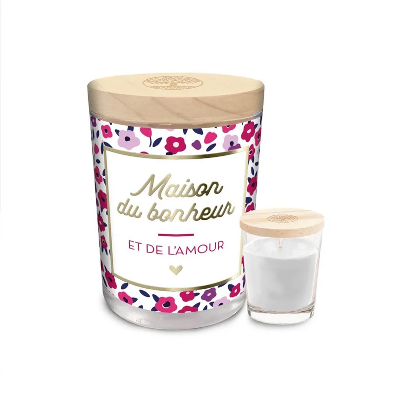 Bougie en verre "Maison du bonheur" – Parfum rose