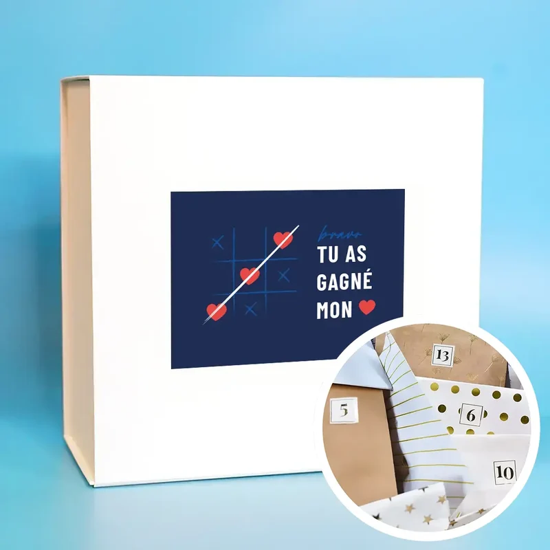 Box "Bravo, tu as gagné mon coeur" avec 1 cadeau par jour