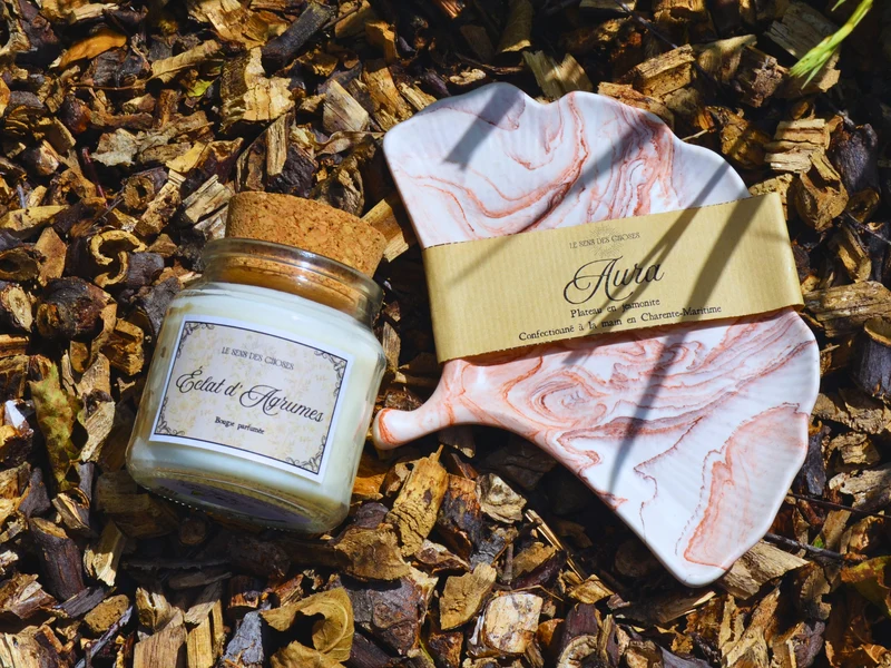 Bougie végétale et plateau feuille de ginkgo Aura