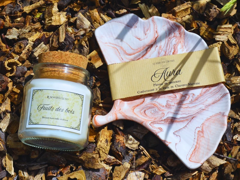 Bougie végétale et plateau feuille de ginkgo Aura